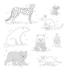 Vector set with black and white animals. Icon set of cute mammals in children's style. Line art design for laser cutting or decor in one color.