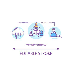 Fototapeta premium Virtual workforce concept icon. Team connectivity. International connection between corporate employees idea thin line illustration. Vector isolated outline RGB color drawing. Editable stroke
