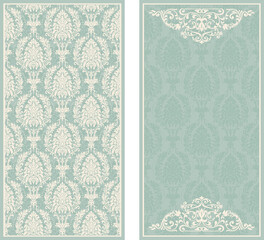 Set of Template greeting card, invitation and advertising banner, brochure with space for text. Vintage Invitation or wedding card with damask pattern and elegant floral elements in green and beige