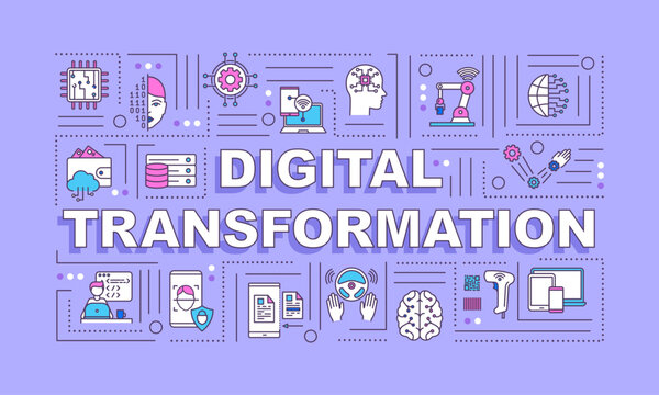 Digital transformation word concepts banner. Integration of artificial intelligence. Infographics with linear icons on purple background. Isolated typography. Vector outline RGB color illustration