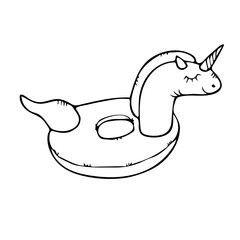 Hand drawn doodle sketch vector floating unicorn float ring isolated on white background. Design for card, banner, logo, print