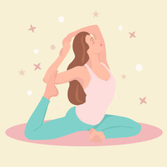 Yoga illustration: a girl performs the dove pose (Eka PADA RAJAKAPOTASANA)
