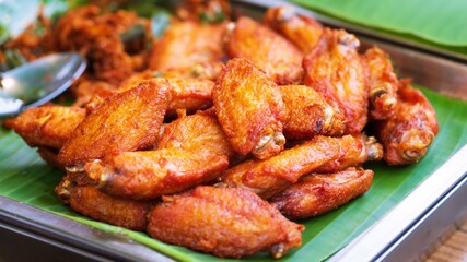 Close up of Fried chicken wings thai street food market