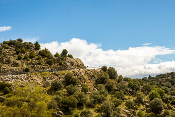 Landscape with far view of mountains on Saint James way, Camino de Levante from Toledo to Avila, Spain
