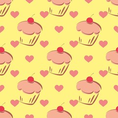Tile vector pattern with cupcake and hearts on yellow background