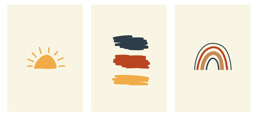 Set sun, raibow silhouettes and various objects. Abstarct shape. Paper cut mosaic style. Modern hand drawn vector illustrations. Flat design. Social media backgrounds. SmartPhone wallpapers