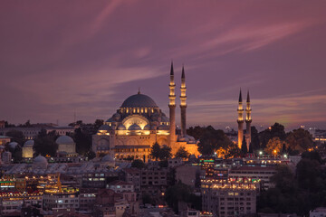 Fototapeta na wymiar Beautiful Sunset View of the Historical Suleiman Mosque patio, 