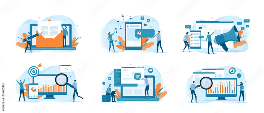 Aufkleber flat illustration concept design bundle set digital marketing process with people business team work