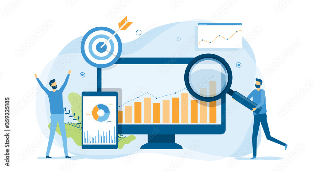 Aufkleber business people analytics and monitoring on web report dashboard monitor concept and vector illustration design for web landing banner background 