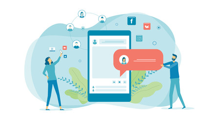 Flat design online social communication, digital marketing and social commerce concept 