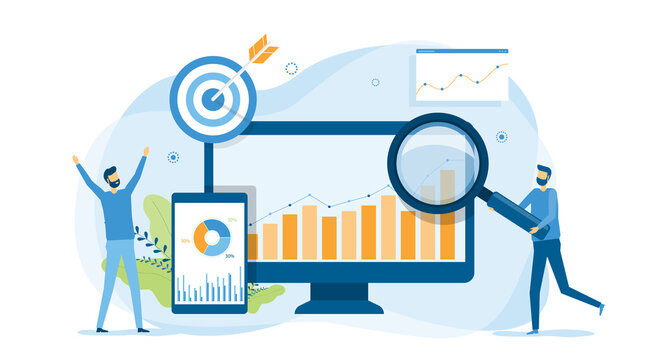business people analytics and monitoring on web report dashboard monitor concept and vector illustration design for web landing banner background 