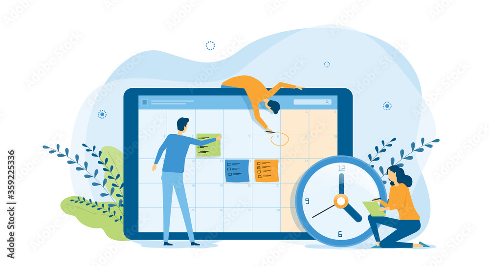 Poster flat design concept people team working for business schedule planning with online calendar 
and vector illustration design for web landing banner background concept  
