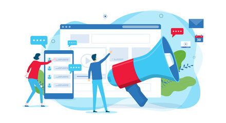 Flat illustration design concept website promoting for digital marketing business web landing banner background with and people team working
