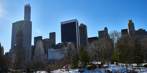 Fototapeta premium Central Park- Winter- Buildings- New York City- Manhattan- United States- USA.