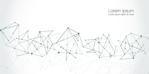 Abstract technology Network nodes with polygonal shapes on dark blue Vector background. Connection science and futuristic technology, digital structure, connected points, web.