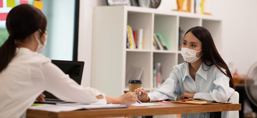 Banner of Business woman wearing face mask meeting and work together