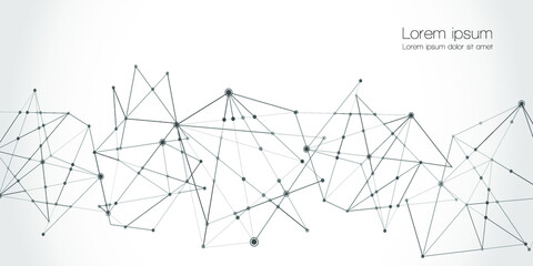 Abstract technology Network nodes with polygonal shapes on dark blue Vector background. Connection science and futuristic technology, digital structure, connected points, web.