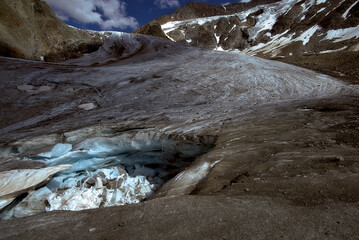 Glacia crater formed by melting ice on the Taschachferner in Pitztal Alps, Austria