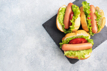 Hot dogs on a concrete grey background. Hot dog with lettuce tomato and sausage. Copy space.