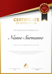 diploma certificate template red and gold color with luxury and modern style vector image, suitable for appreciation.  Vector illustration.