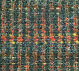 Handwoven wool fabric in green with yellow and orange stripes