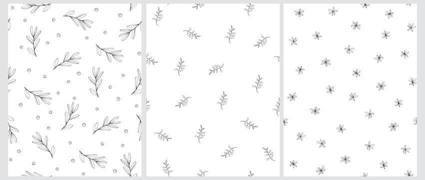 Delicate Floral Seamless Vector Pattern with Hand Drawn Green Olive Twigs, Wild Flowers and Leaves Isolated on a White Background. Retro Style Delicate Black Sketched Floral Print. 