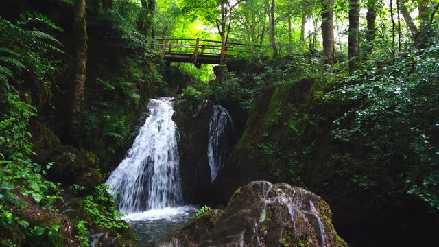 west german waterfall in the woods with bridge