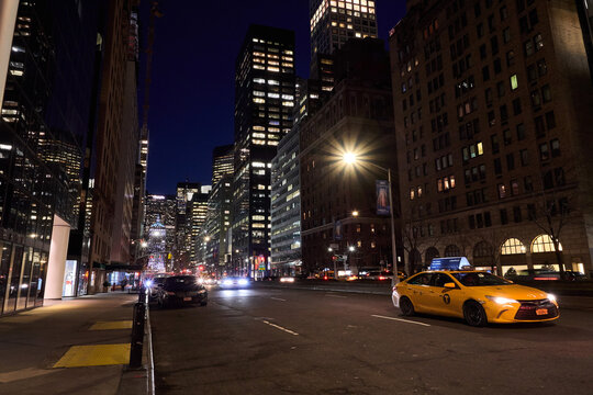 Street- Night- Light- Buildings- Manhattan- New York City- United States- USA.