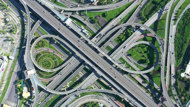 Top view of Bangkok Expressway intersection on day time.  Aerial view large interchange of Bangkok, Thailand 