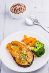Salmon steak with teriyaki sauce