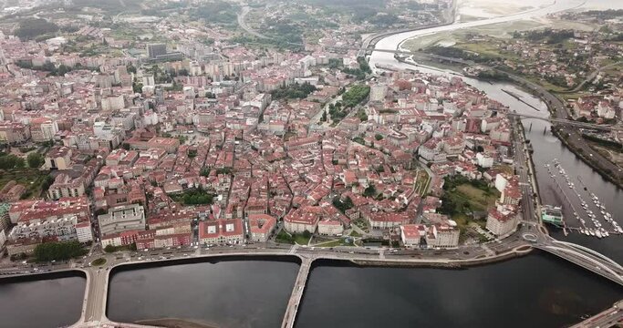 Panoramic view from drone on the city center Pontevedra with embankment of the river Rio Lerez. Galicia. Spain