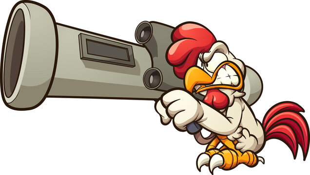 Cartoon chicken holding a big RPG launcher. Vector clip art illustration with simple gradients. Chicken and RPG on separate layers.
