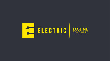 Initial Letter E Electricity Logo. Yellow Square Shape E Letter with Negative Space Wire and Plug Icons inside. Flat Vector Logo Design Template Element.