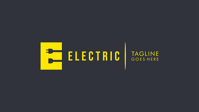 Initial Letter E Electricity Logo. Yellow Square Shape E Letter with Negative Space Wire and Plug Icons inside. Flat Vector Logo Design Template Element.