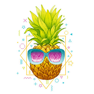 Pineapple In Sunglasses. Vector Memphis Summer Art. Tropical Illustration On Geometric 80th Background. Hipster Ananas Fruit In Cool Funny Glasses. Music Cover, T Shirt Print, Luau Party Invite Design