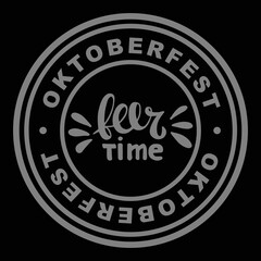 Stamp with Beer time lettering and text Oktoberfest. Vector Handwritten words with splashes. Round sign. Concept for pub, bar, restaurant menu, party decor, T-shirt print, logo. Beer Festival Graphics