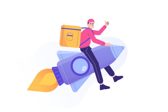 Express delivery concept. Delivery man or courier guy flying on a jet rocket with urgent order with big bag. Express delivery service. Isolated modern vector illustration