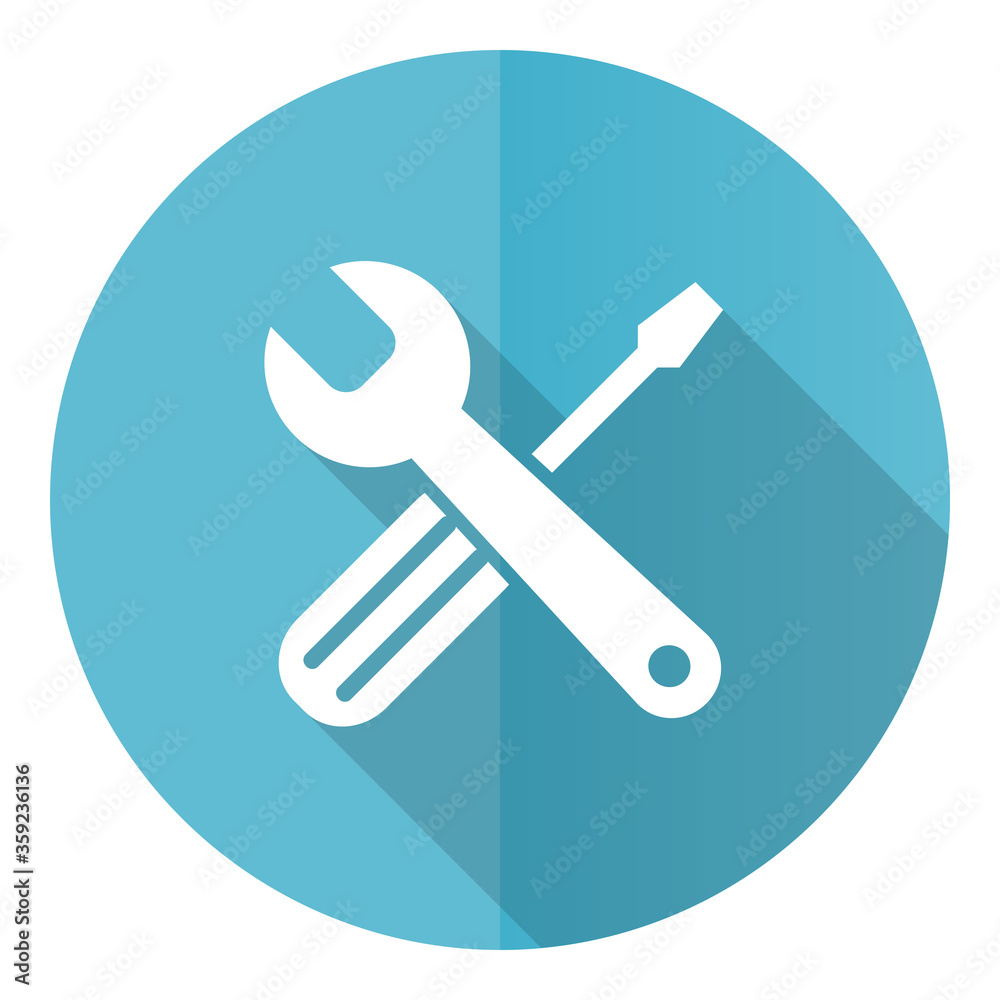 Aufkleber Tools vector icon, flat design blue round web button isolated on white background