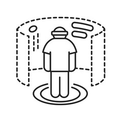 Virtual reality gaming black line icon. Man in VR helmet gaming on platform. Cyberspace, simulation, interactive. Pictogram for web page, mobile app. UI UX GUI design element. Editable stroke.
