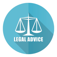 Legal advice vector icon, flat design blue round web button isolated on white background