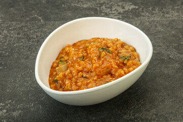 Traditional Georgian Kharcho soup with meat