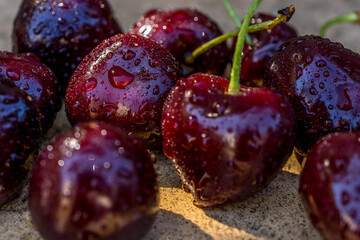 Red wet cherry in abstract style on blured background. Beautiful light. Glow effect. Macro