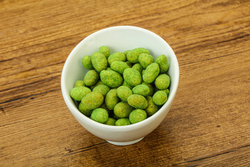 Spicy wasabi peanuts in the bowl