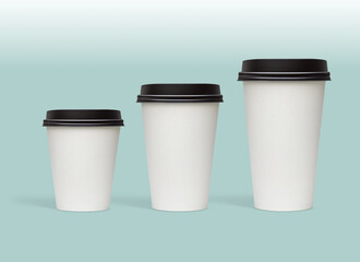 White blank large, medium and small size takeaway paper, carton or cardboard coffee cups with black caps packaging template mockup isolated on light green background  