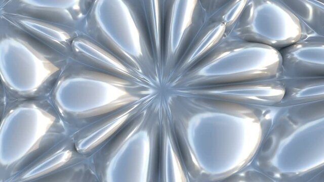 Abstract mercury liquid flowers wall. Blooming chrome looping animation background. 