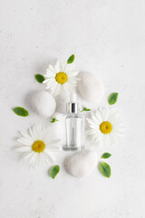 cosmetic serum in a glass bottle on a white background with daisies, stones and green leaves. Herbal skin care cosmetics. zero waste package. top view. vertical image