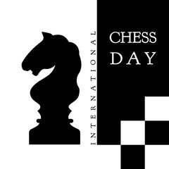 International chess day. Silhouette of a black horse on a white background. Vector illustration for greeting card design.