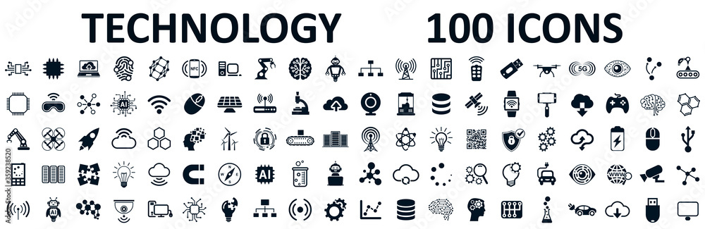 Wall mural set of 100 technology icons. industry 4.0 concept factory of the future. technology progress: 5g, ai - Wall murals
