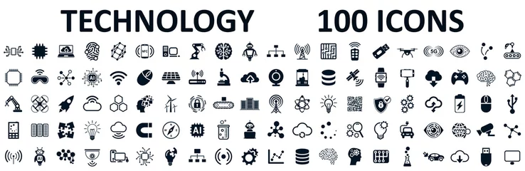 Foto op Plexiglas Set van 100 technologie iconen. Industrie 4.0 conceptfabriek van de toekomst. Technologische vooruitgang: 5g, ai, robot, iot, Near Field Communication, programmeren en nog veel meer - Stockvector © dlyastokiv