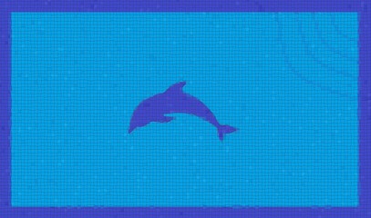 Ilustración de fondo de piscina de color celeste, escaleras en una esquina y un delfín de color azul en el centro con efecto de agua y textura de gresite © Daniel